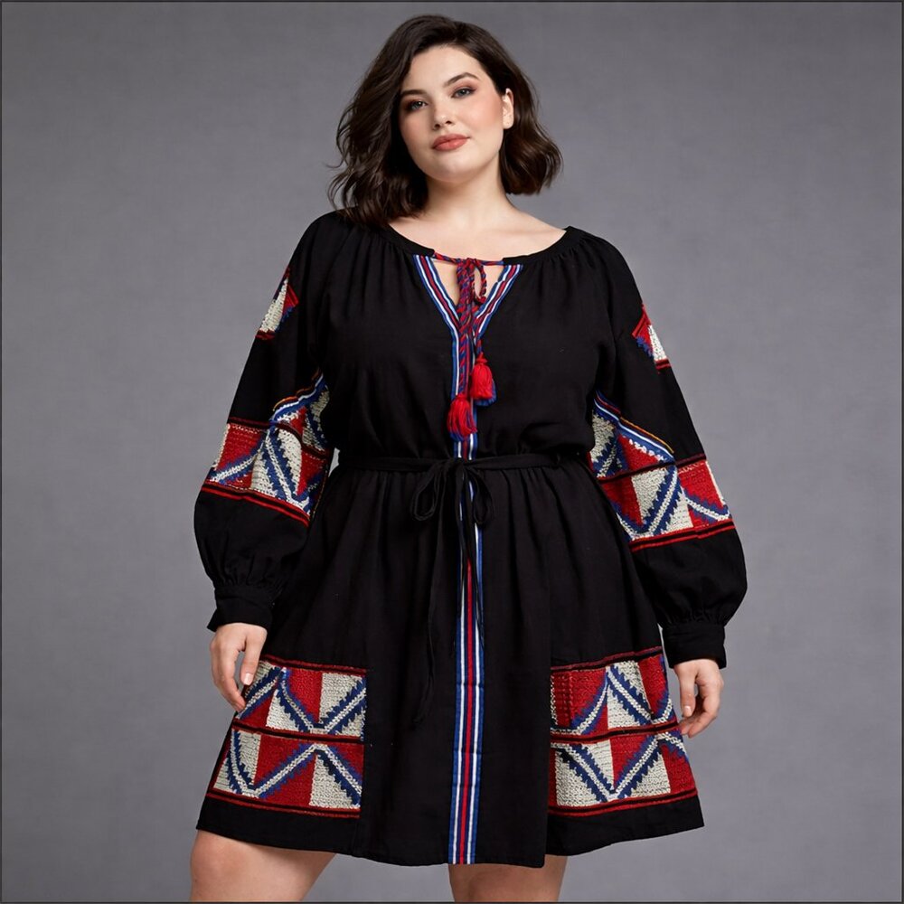 Eloquii Studio Embroidered Boho Dress Size 18 Black Red Blue Tassel Belted Folk